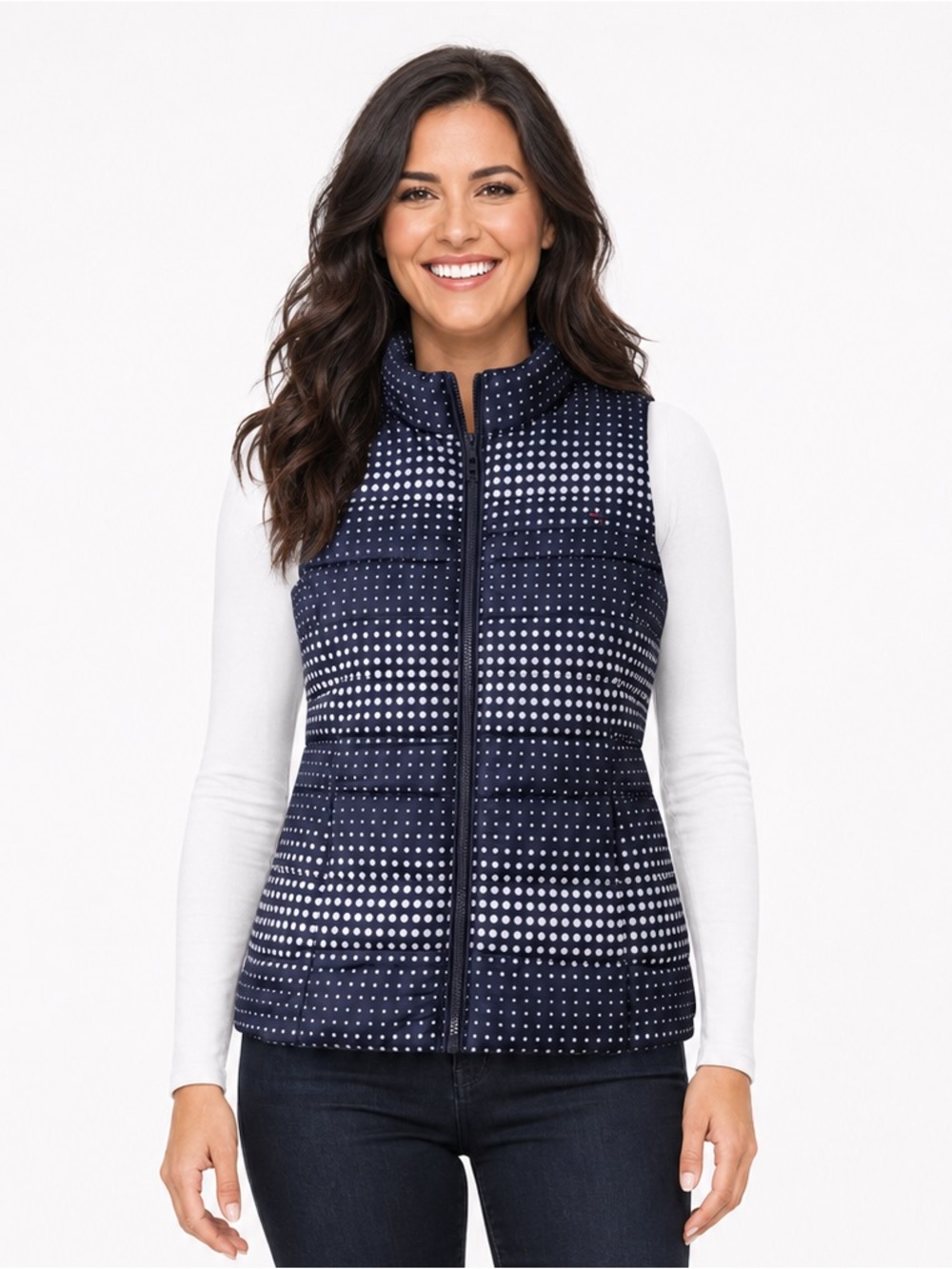 Tommy Hilfiger Navy Polka Dot Puffer Vest Zip Front Logo Chest Women’s Medium